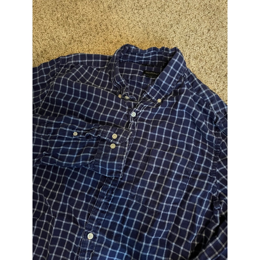 Banana Republic Mens Button Up Shirt L Blue Plaid 100% Linen Camden Standard Fit